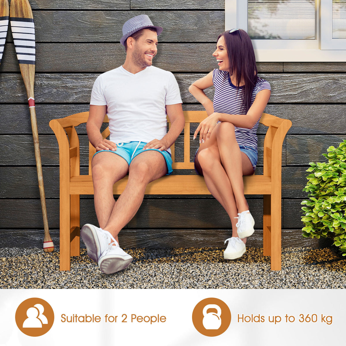 Outdoor Bench Acacia Wood 2-Person Patio Loveseat with Backrest Garden Bench