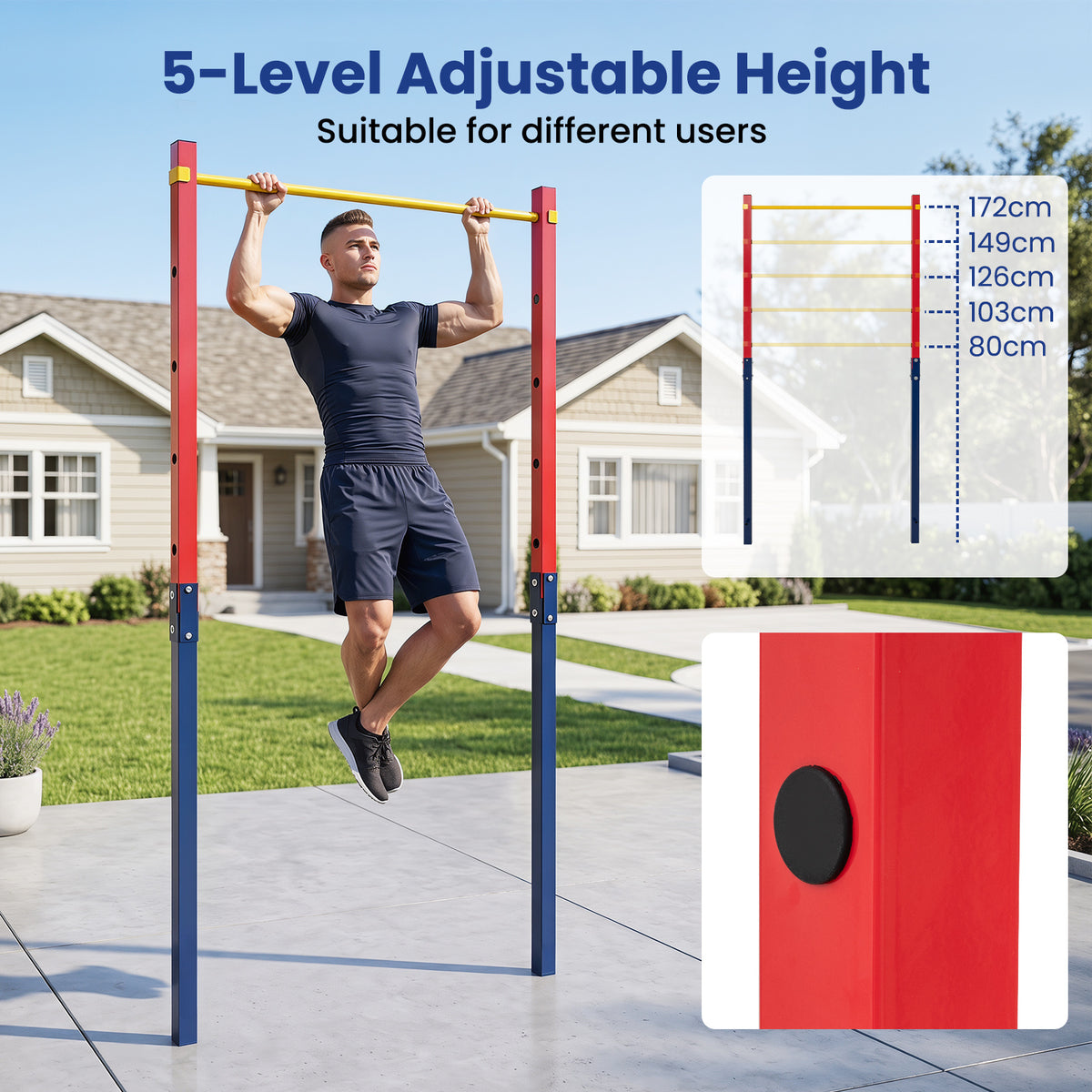 Outdoor In-Ground Pull Up Bar Heavy Duty Metal Pull Up Bar Station with 5 Adjustable Heights-Red