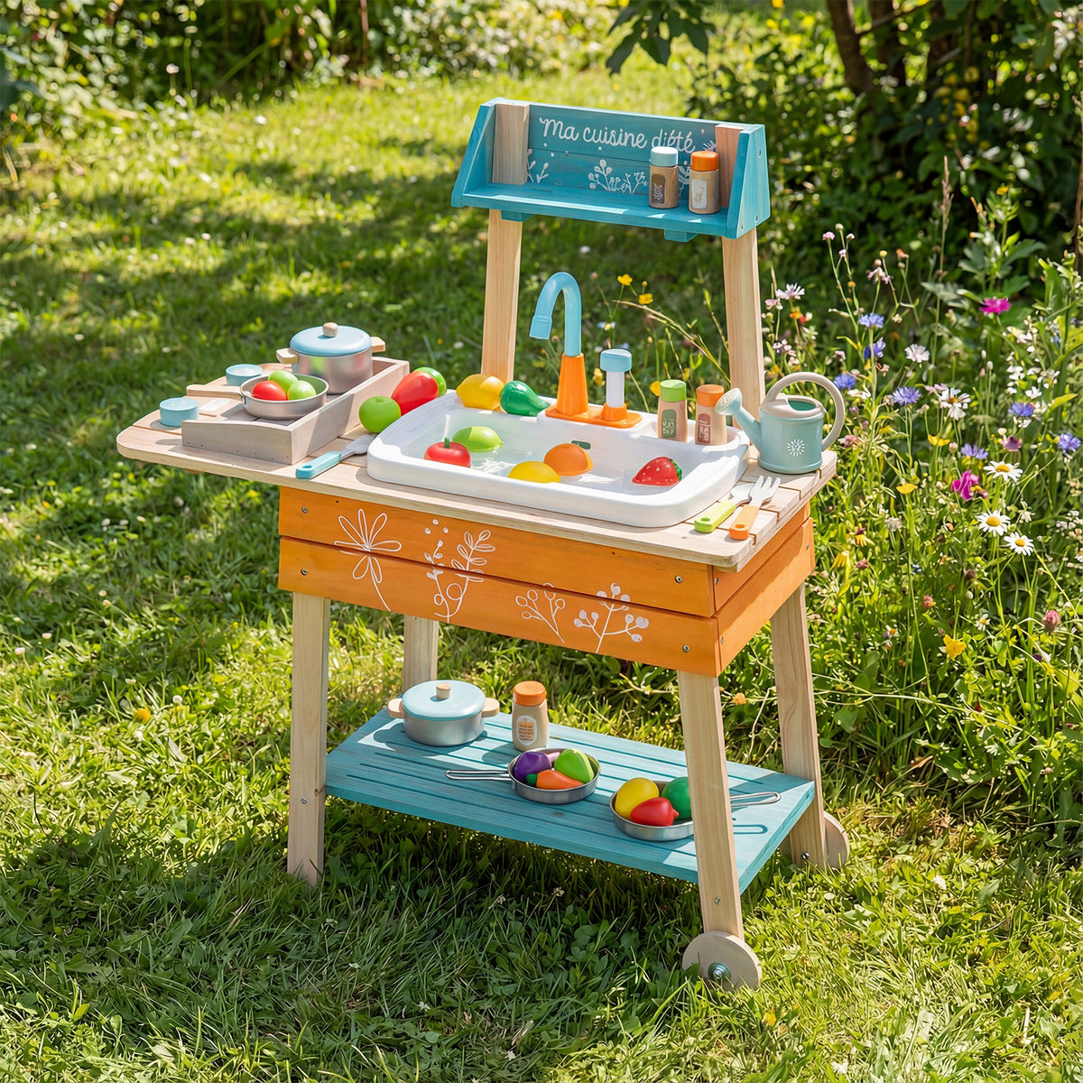 Outdoor Kids Play Kitchen Set Wooden Toy Kitchen Playset with Removable Sink-Multicolor
