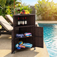 Outdoor Rattan Storage Cabinet with Shelves and 2 Doors and Lockable Wheels for Patio-Brown