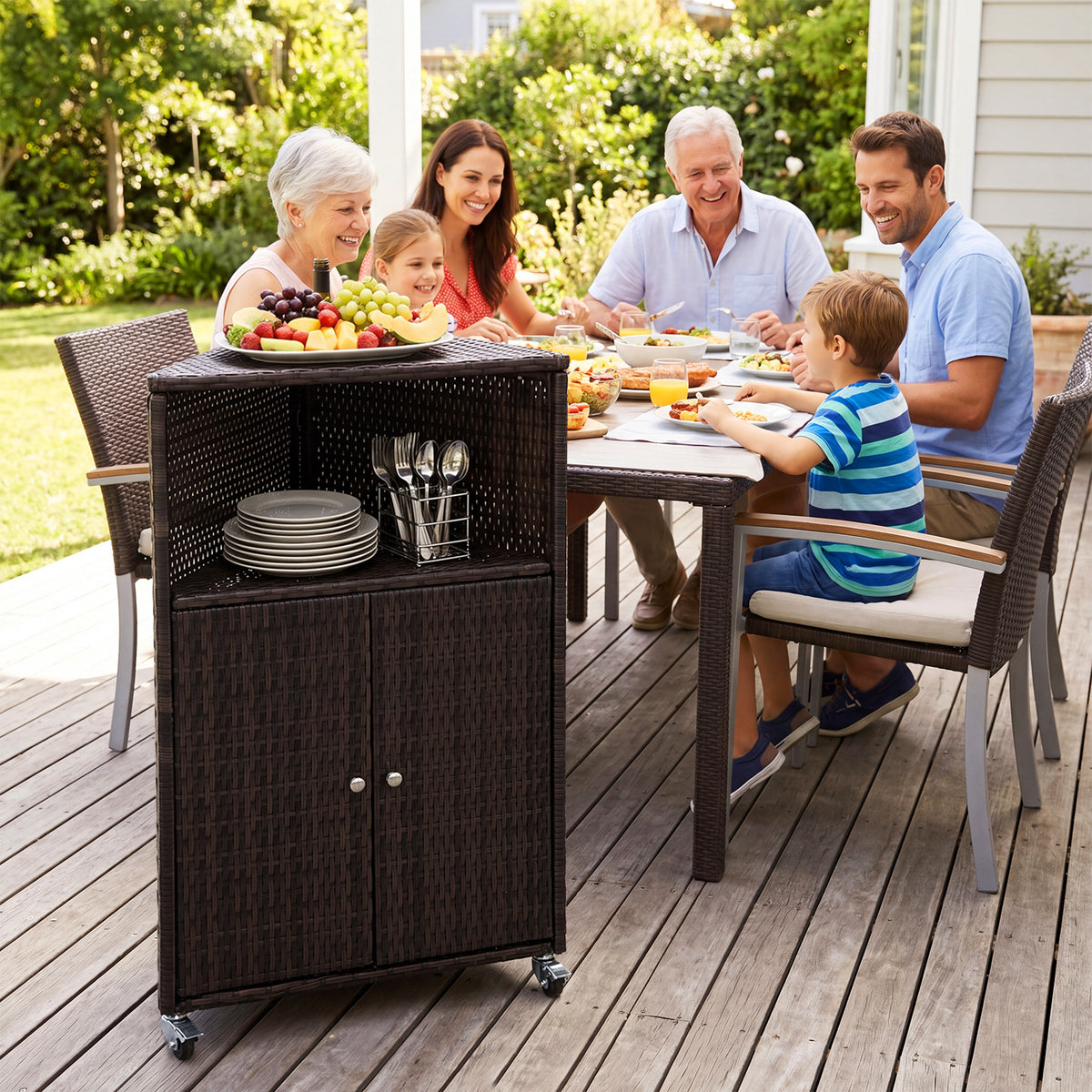 Outdoor Rattan Storage Cabinet with Shelves and 2 Doors and Lockable Wheels for Patio-Brown