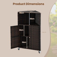 Outdoor Rattan Storage Cabinet with Shelves and 2 Doors and Lockable Wheels for Patio-Brown