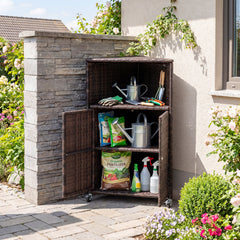 Outdoor Rattan Storage Cabinet with Shelves and 2 Doors and Lockable Wheels for Patio-Brown