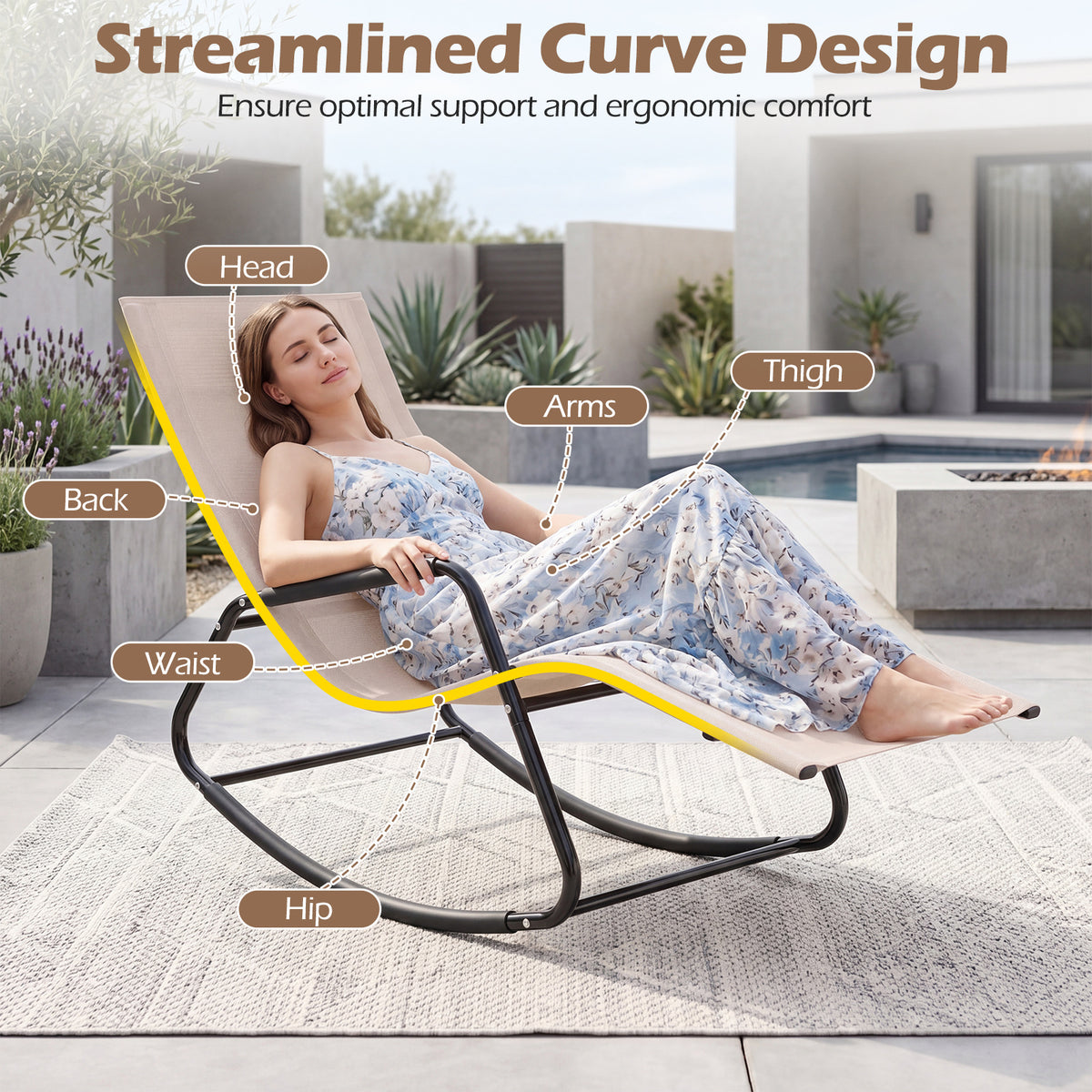 Outdoor Rocking Chair and Patio Lounge Chair with Curved Armrests and Back Support Bar for Garden-Beige