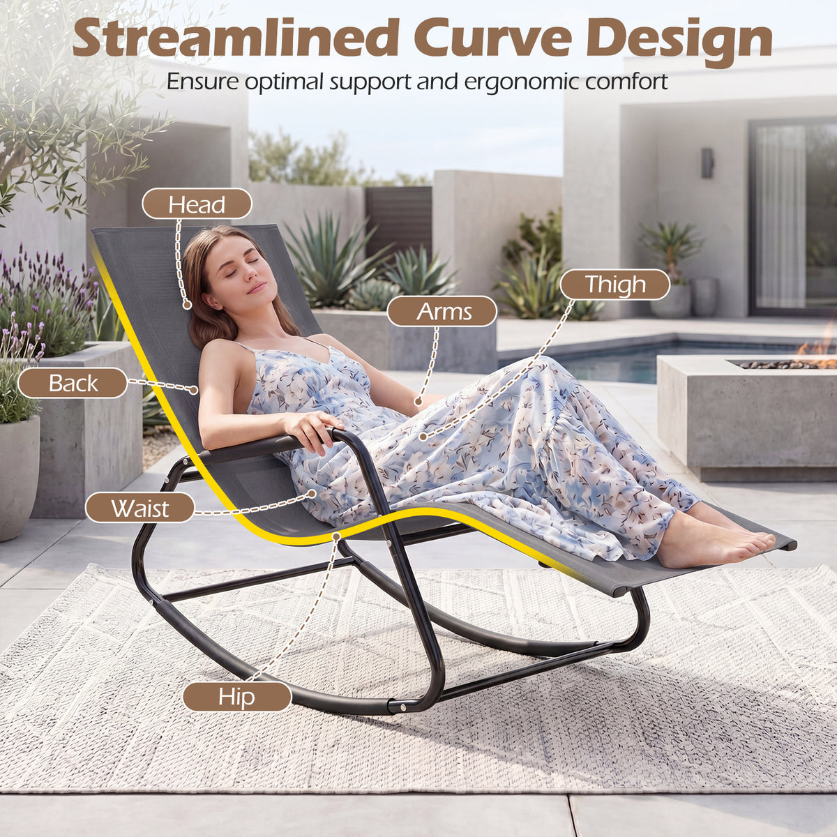 Outdoor Rocking Chair and Patio Lounge Chair with Curved Armrests and Back Support Bar for Garden-Grey