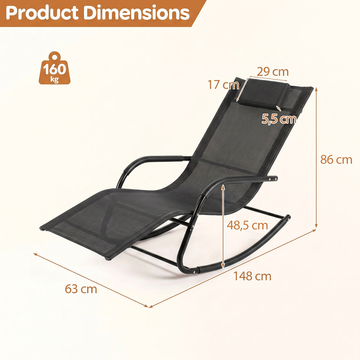 Outdoor Rocking Chair and Patio Lounge Chair with Detachable Headrest and Curved Armrests-Black