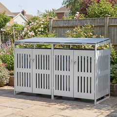 Outdoor Trash Can Storage Shed for 2 Bins with Gas Struts and Lockable Grilled Doors-Silver