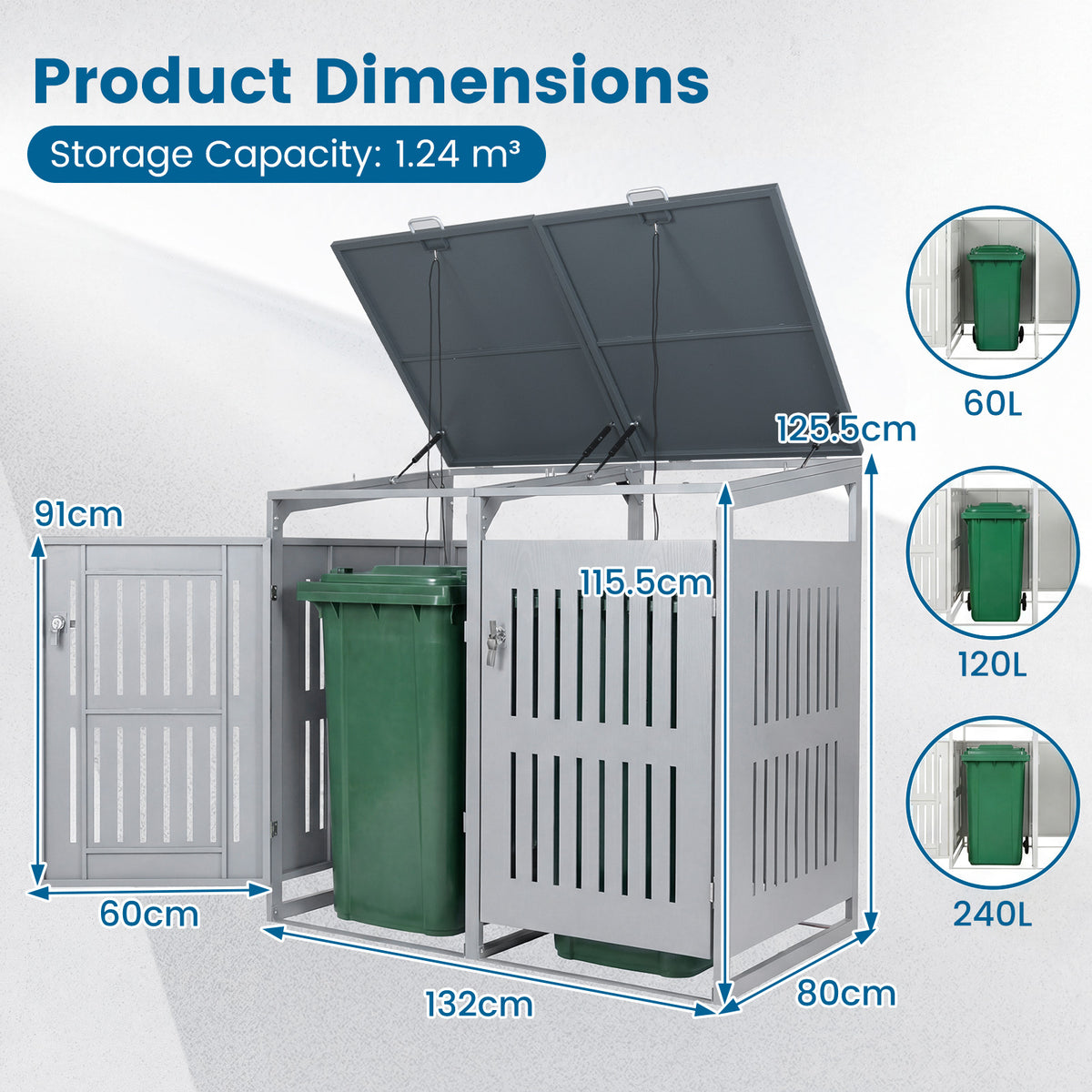 Outdoor Trash Can Storage Shed for 2 Bins with Gas Struts and Lockable Grilled Doors-Silver