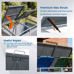 Outdoor Trash Can Storage Shed for 2 Bins with Gas Struts and Lockable Grilled Doors-Silver