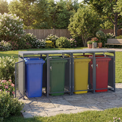 Outdoor Trash Can Storage Shed for 2 Bins with Gas Struts and Lockable Metal Mesh Doors-Grey