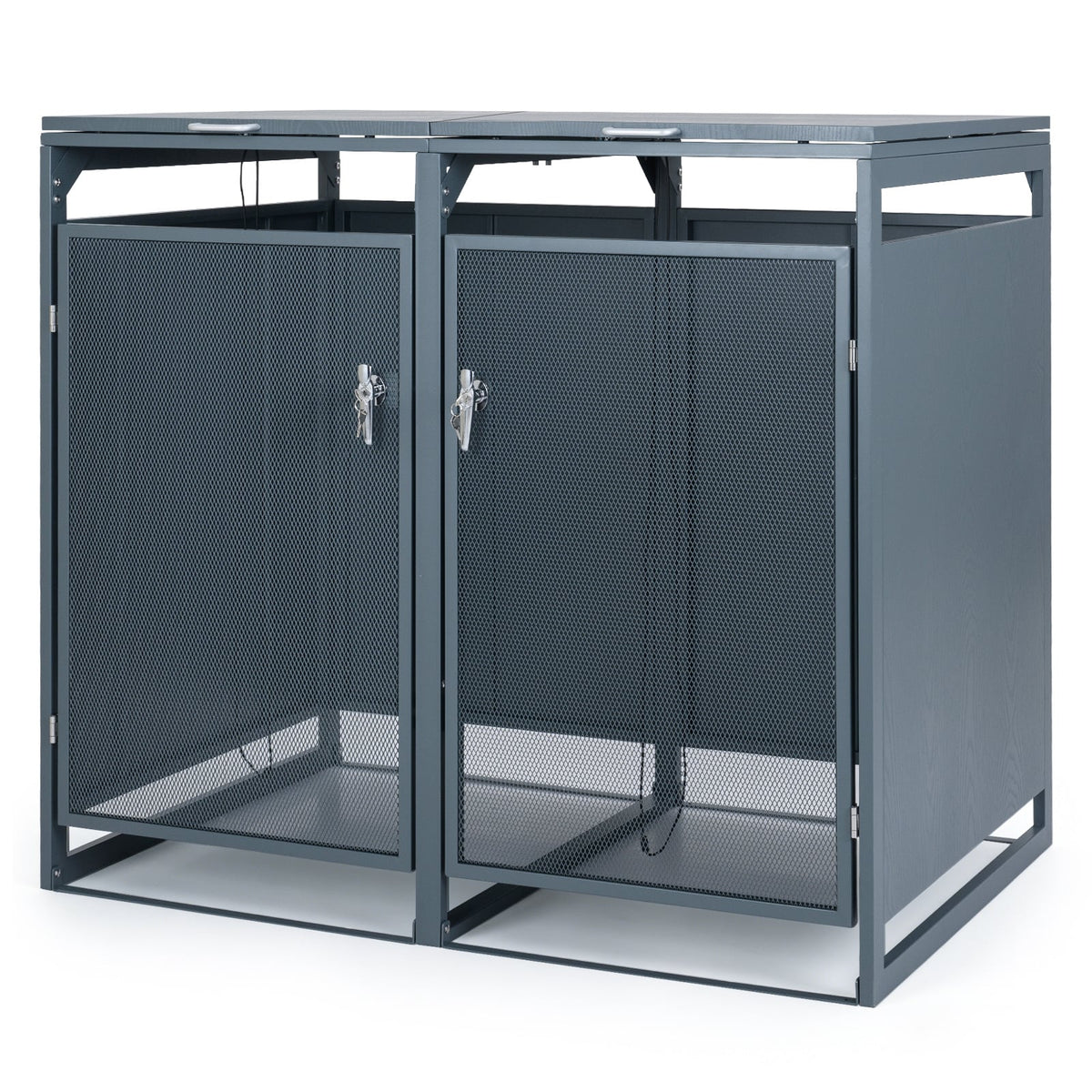Outdoor Trash Can Storage Shed for 2 Bins with Gas Struts and Lockable Metal Mesh Doors-Grey