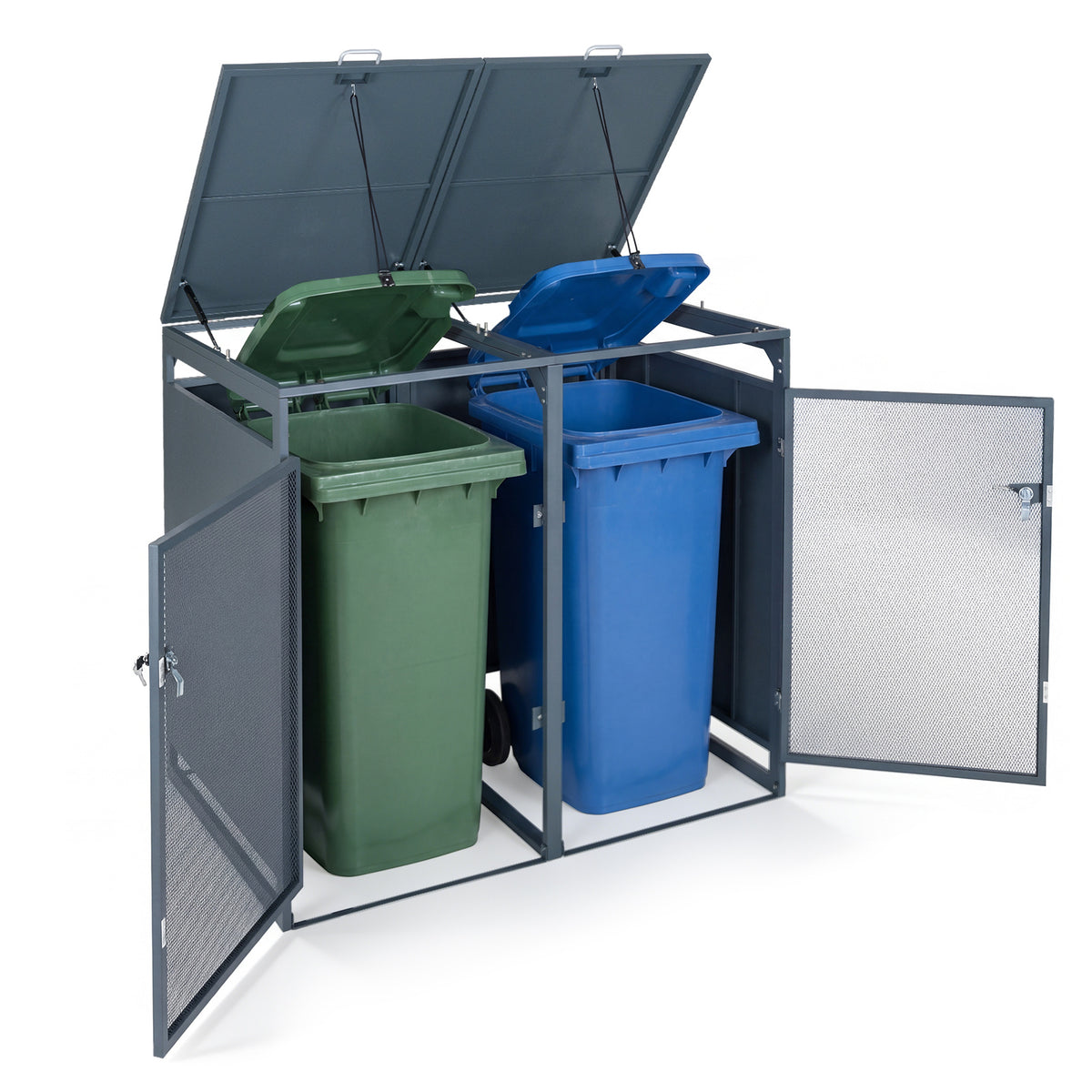 Outdoor Trash Can Storage Shed for 2 Bins with Gas Struts and Lockable Metal Mesh Doors-Grey