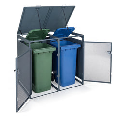 Outdoor Trash Can Storage Shed for 2 Bins with Gas Struts and Lockable Metal Mesh Doors-Grey