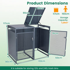 Outdoor Trash Can Storage Shed for 2 Bins with Gas Struts and Lockable Metal Mesh Doors-Grey