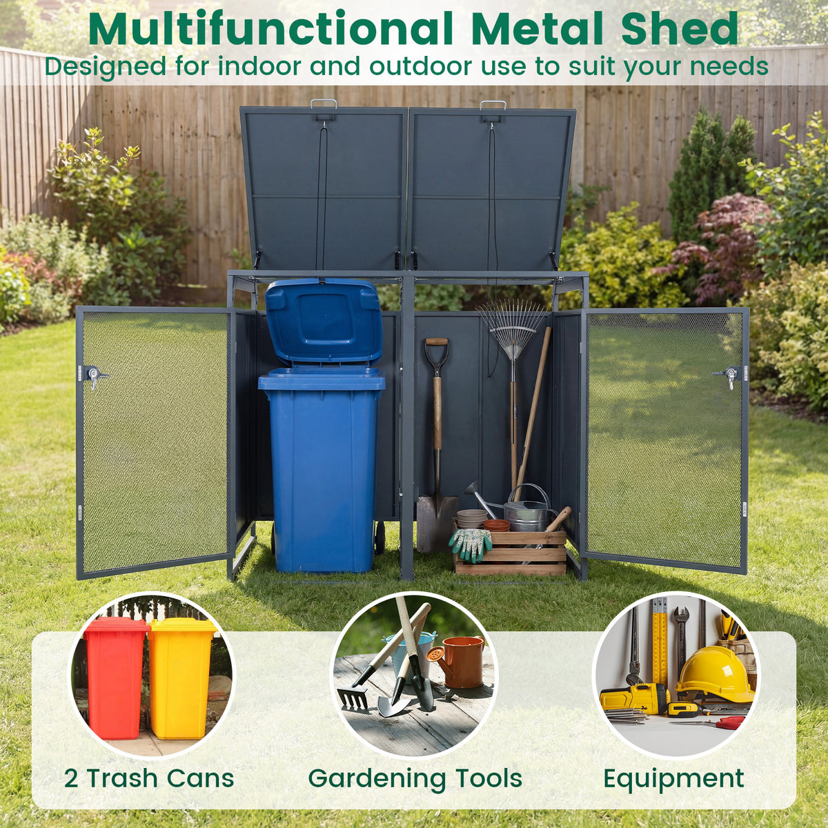 Outdoor Trash Can Storage Shed for 2 Bins with Gas Struts and Lockable Metal Mesh Doors-Grey