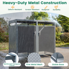 Outdoor Trash Can Storage Shed for 2 Bins with Gas Struts and Lockable Metal Mesh Doors-Grey
