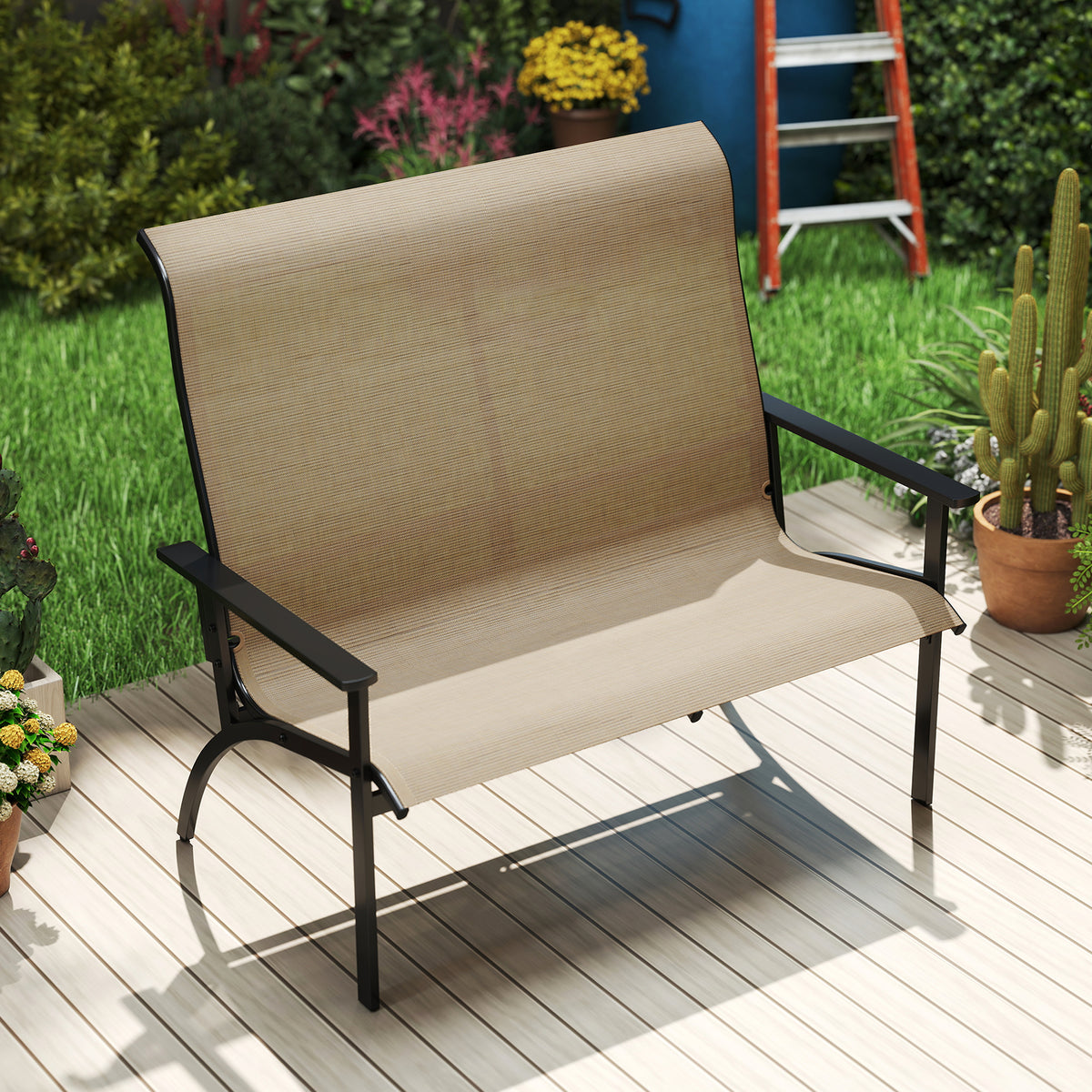 Outdoor Adirondack Bench Chair with High Back and Armrests-Coffee