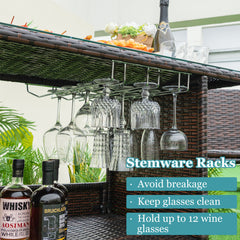3 Pieces Patio Wicker Bar Height Table and Chair Set with 3 rows stemware racks