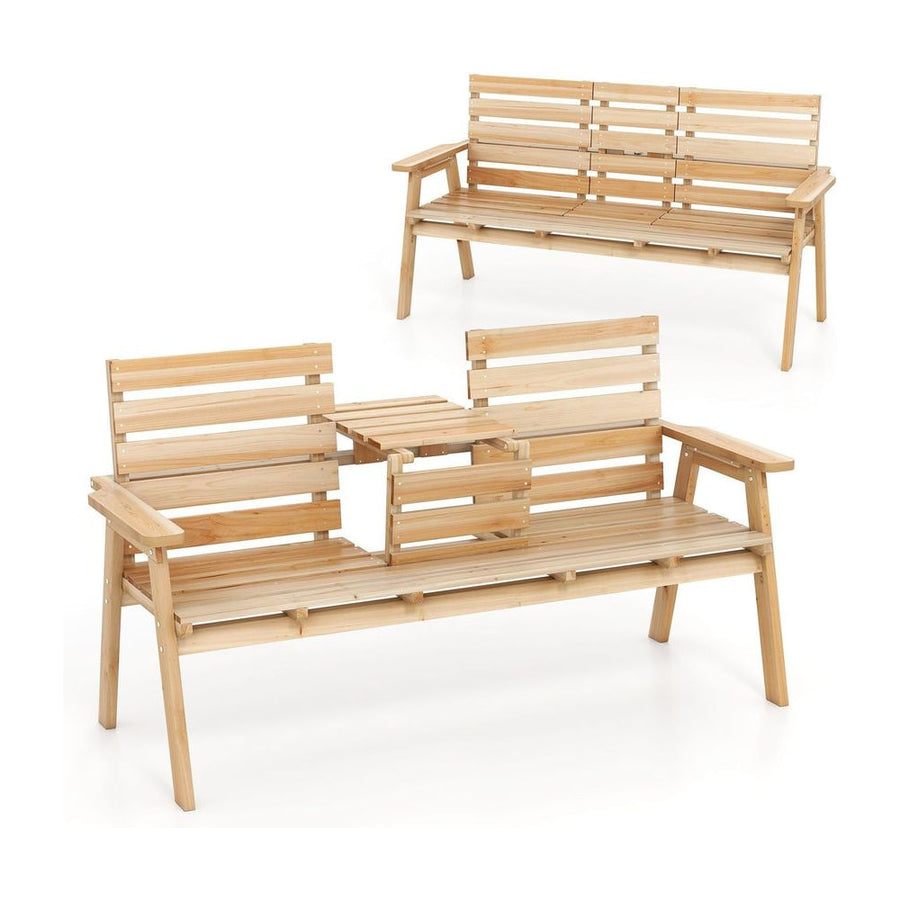 Outdoor Fir Wood Bench with Foldable Middle Table-Natural