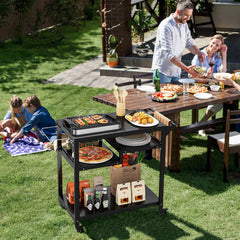 3-Shelf Movable BBQ Cart with 4 Lockable Wheels, Hooks and Side Handle-Black