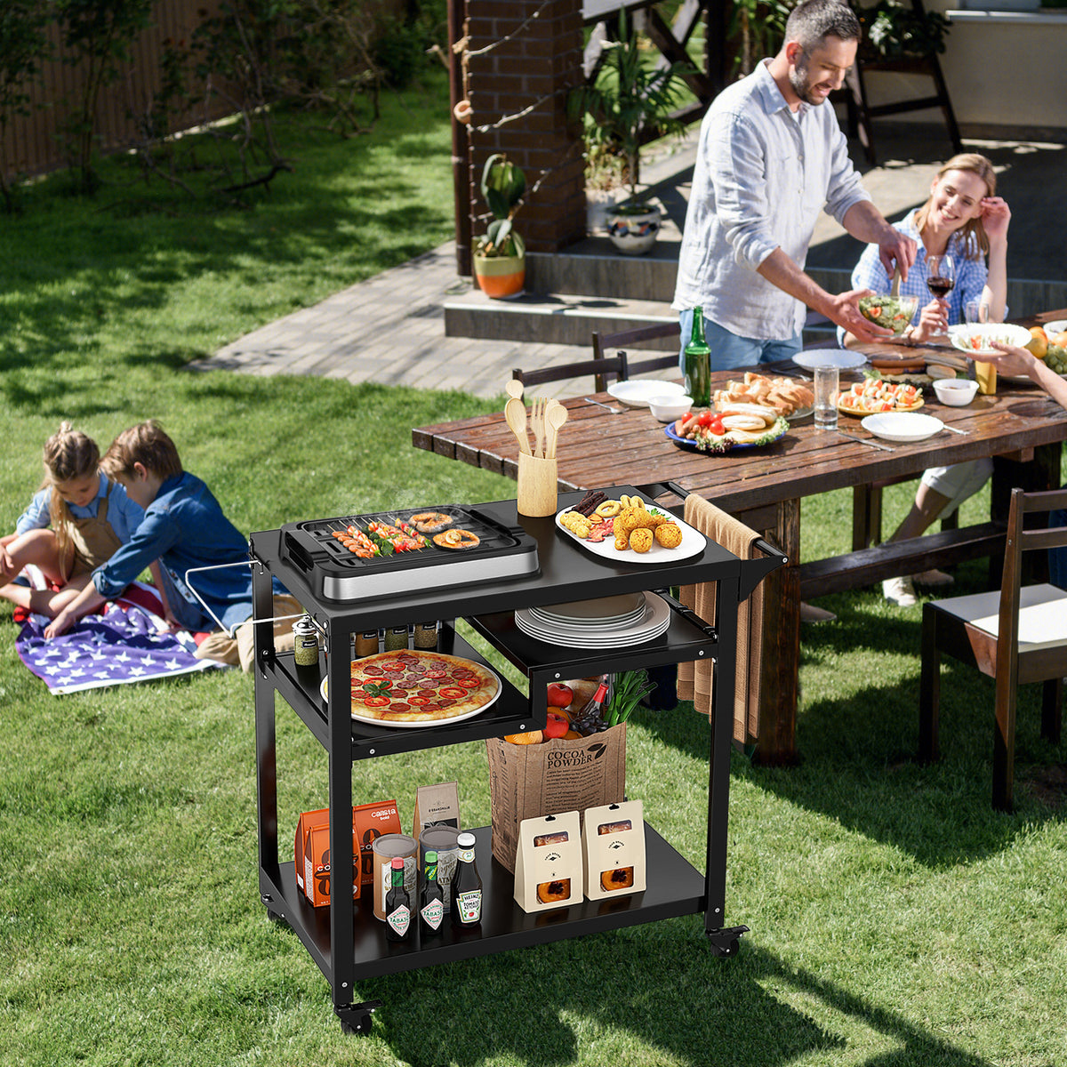3-Shelf Movable BBQ Cart with 4 Lockable Wheels, Hooks and Side Handle-Black