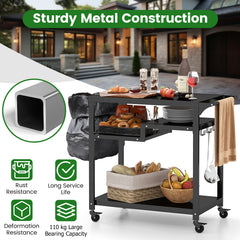 3-Shelf Movable BBQ Cart with 4 Lockable Wheels, Hooks and Side Handle-Black