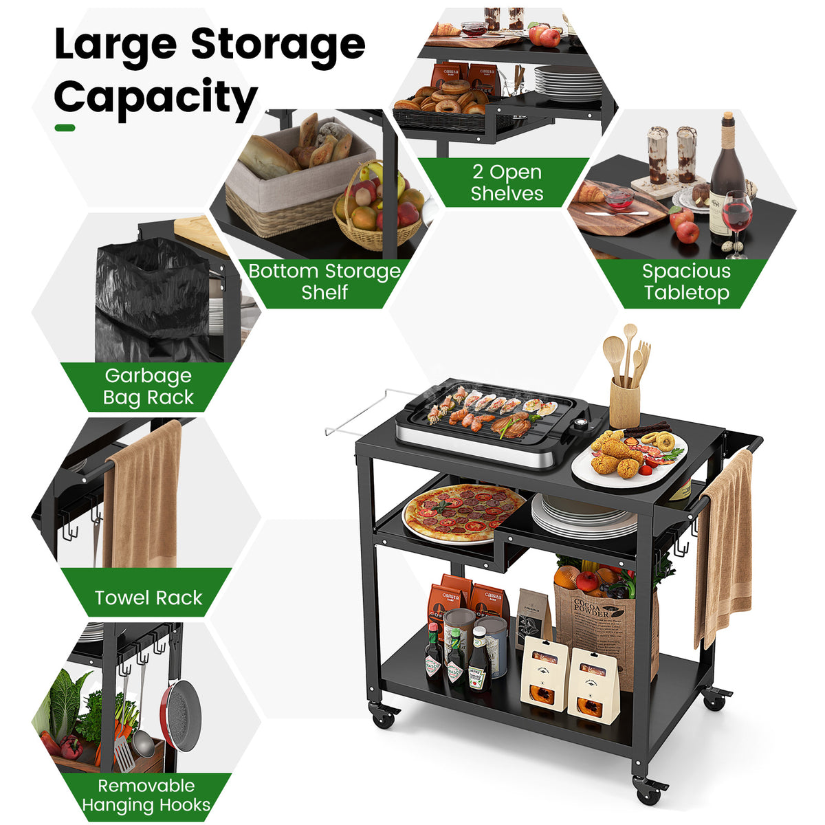 3-Shelf Movable BBQ Cart with 4 Lockable Wheels, Hooks and Side Handle-Black