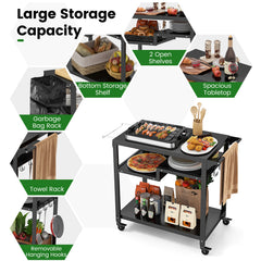 3-Shelf Movable BBQ Cart with 4 Lockable Wheels, Hooks and Side Handle-Black
