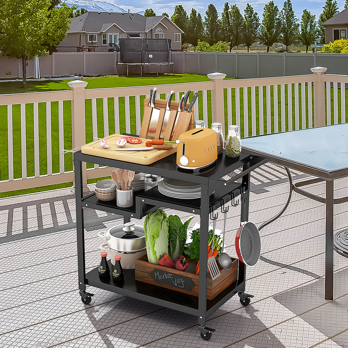 3-Shelf Movable BBQ Cart with 4 Lockable Wheels, Hooks and Side Handle-Black