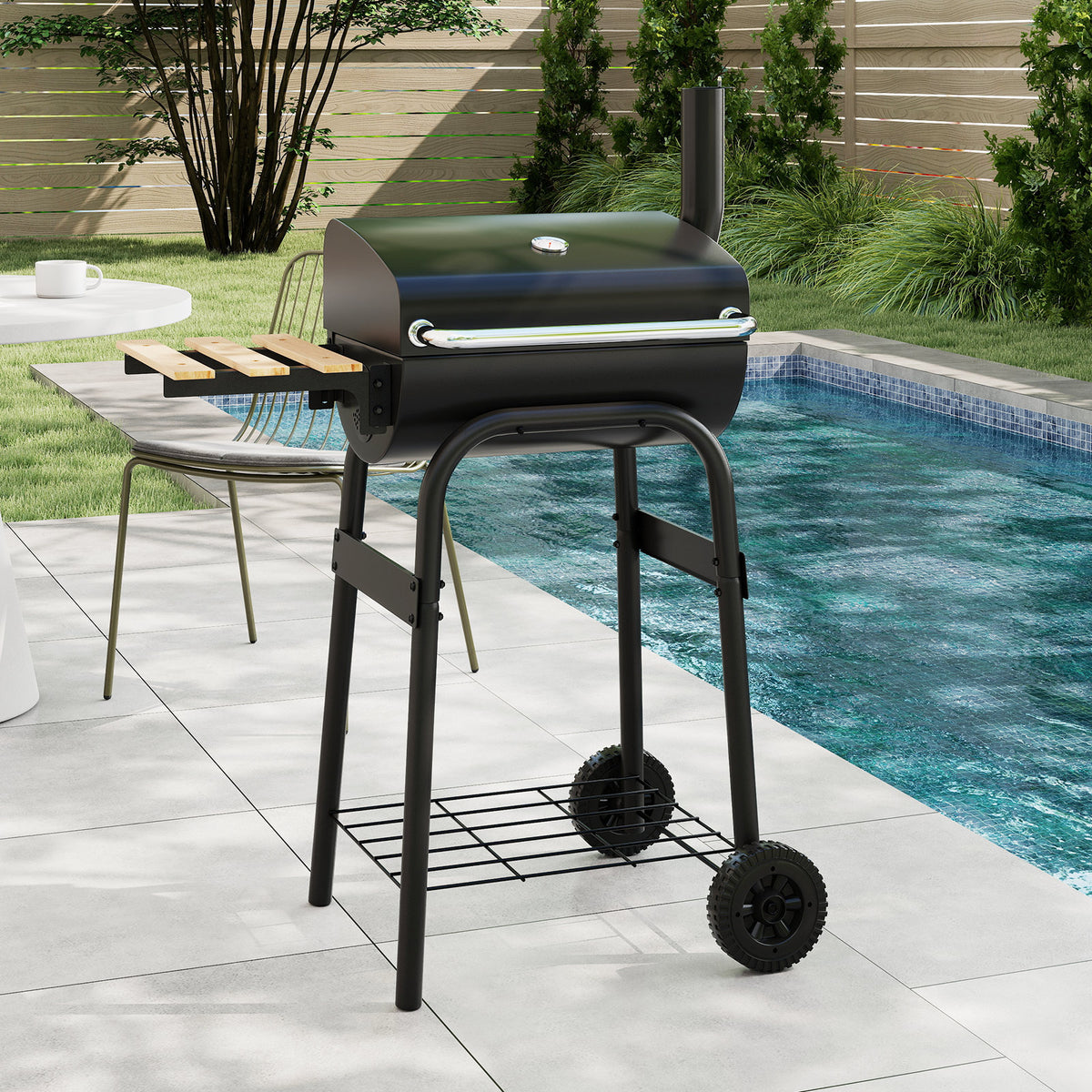 Outdoor Portable Barbecue Grill with Foldable Side Table-Black
