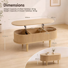 Oval Lift Top Coffee Table with Storage Fluted Design and Raised Wood Feet-Narural