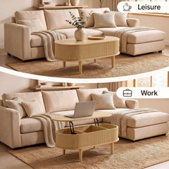 Oval Lift Top Coffee Table with Storage Fluted Design and Raised Wood Feet-Narural