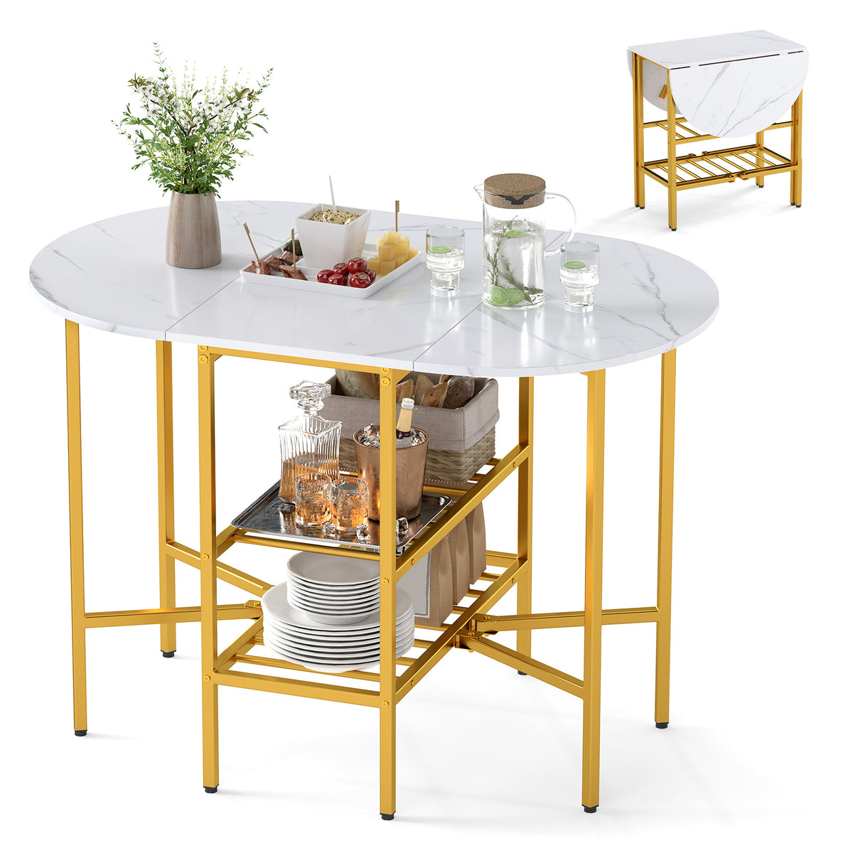 Oval dining table with 2 folding side panels and a metal frame for 4 people-White
