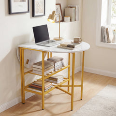 Oval dining table with 2 folding side panels and a metal frame for 4 people-White