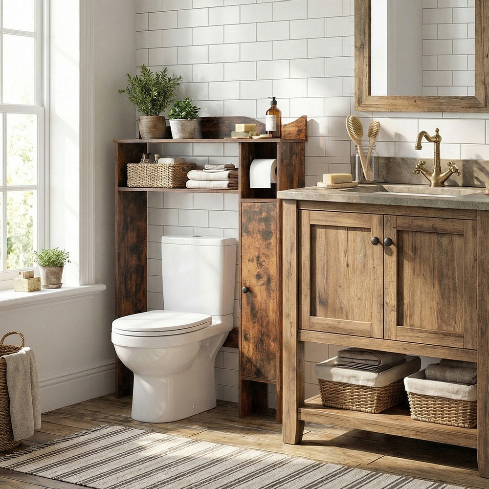 Rustic brown over the toilet storage cabinet in a bathroom setting next to a toilet