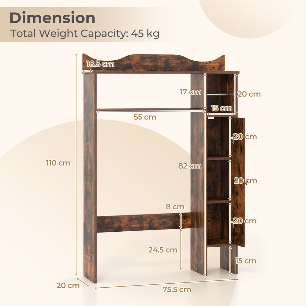 Dimension diagram of the rustic brown over the toilet storage cabinet