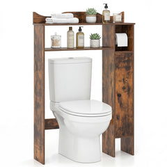 Rustic brown over the toilet storage cabinet shown above a toilet with items on shelves