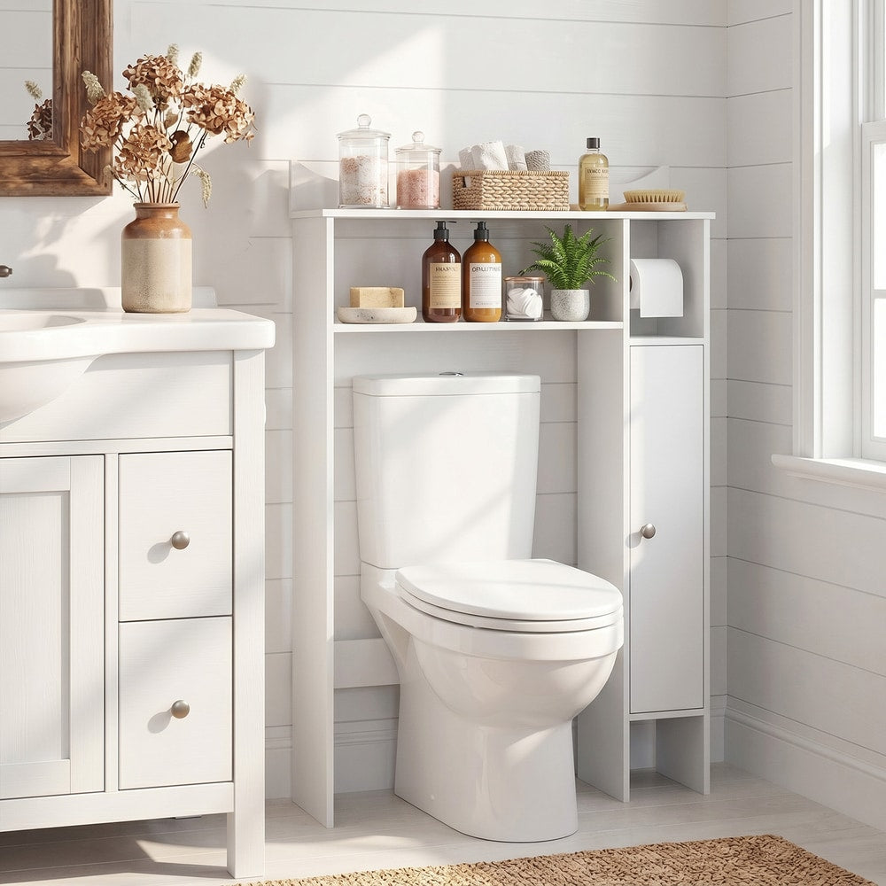 The storage unit positioned over a toilet in a bright bathroom with toiletries on the shelves