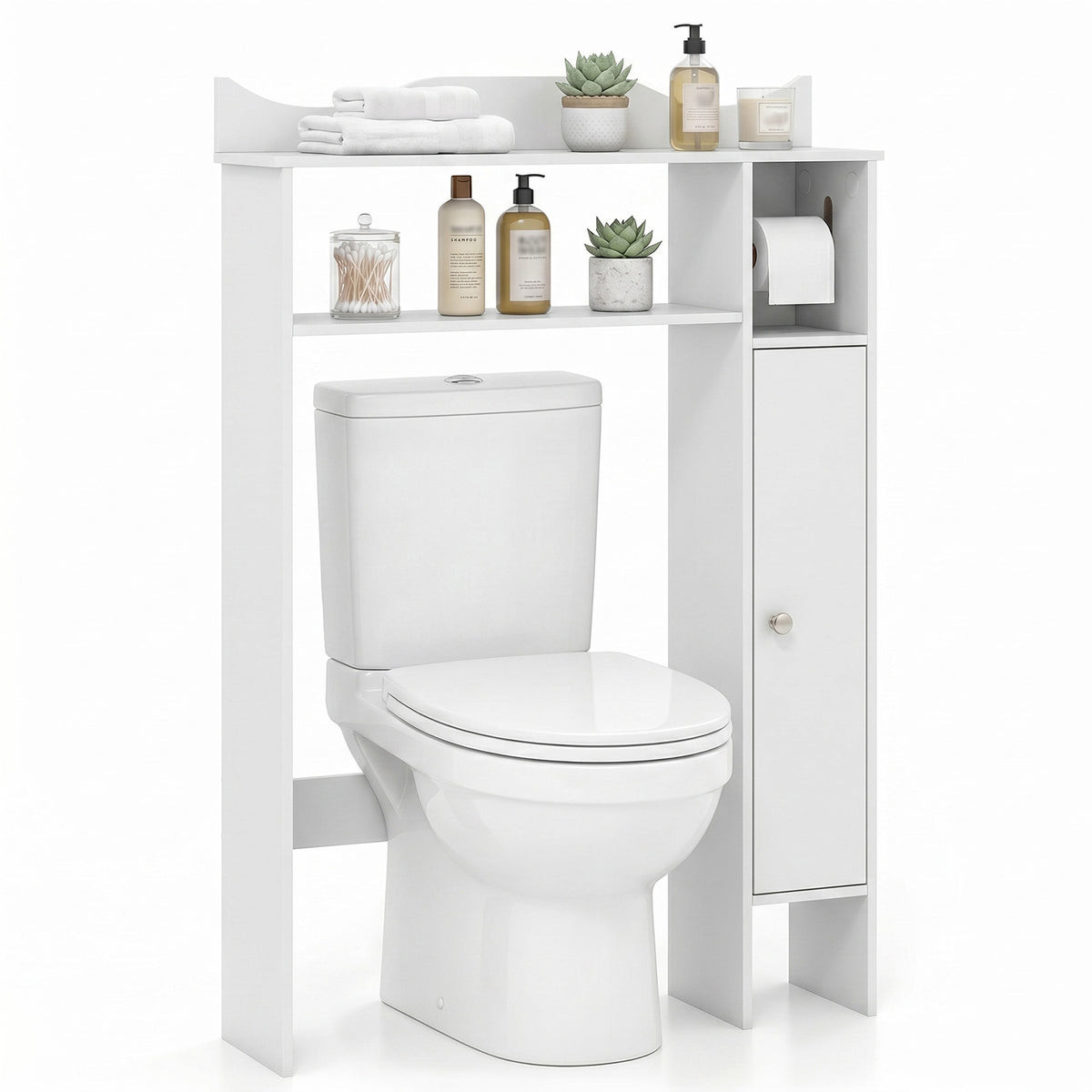 The bathroom shelving unit styled with towels and plants above a white toilet