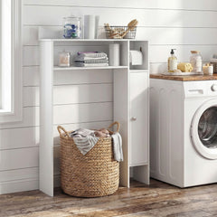 The bathroom unit placed in a laundry room with a wicker basket underneath