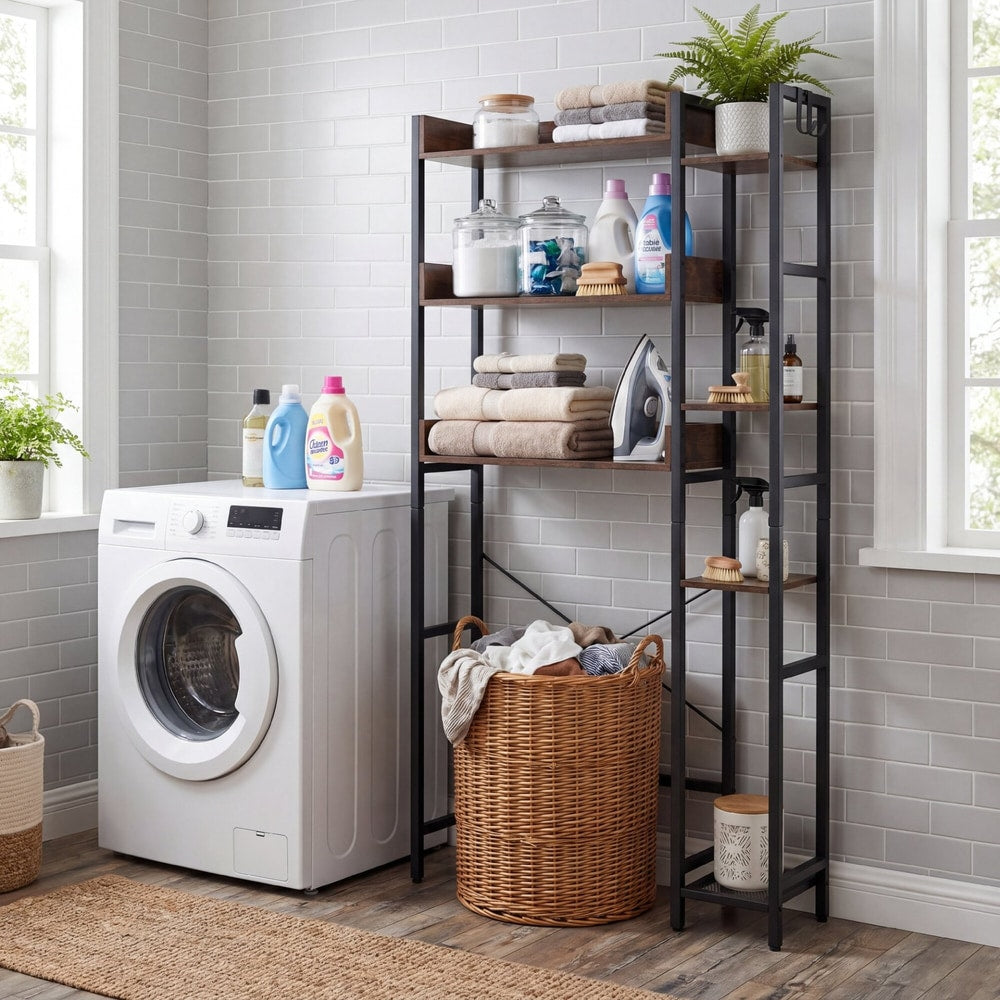 Rustic brown over the toilet storage unit next to a washing machine