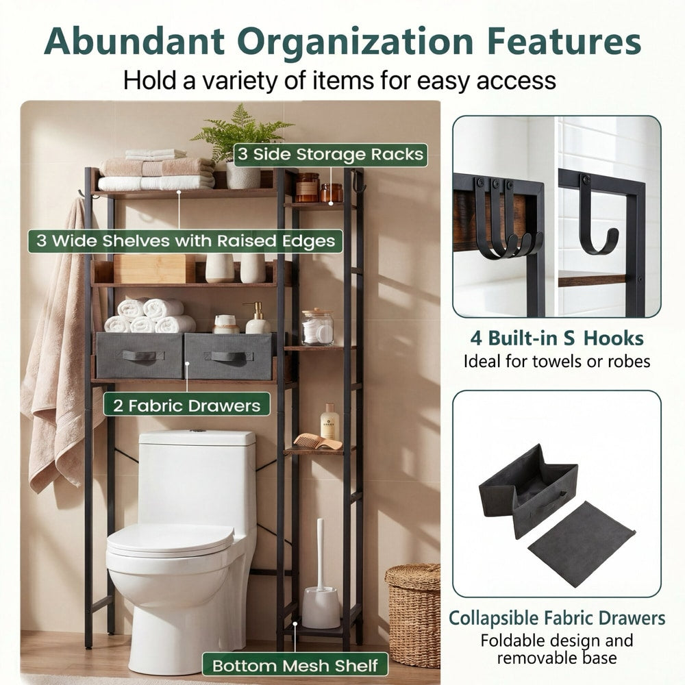 Features of the over toilet storage unit including shelves, drawers and hooks