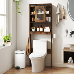 The cabinet positioned over a white toilet with various bathroom accessories displayed on shelves