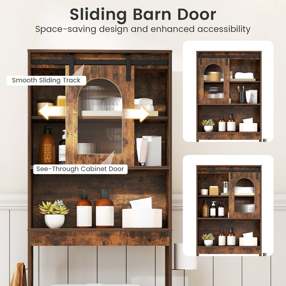 The sliding barn door mechanism on the cabinet with arrows showing the movement of the door