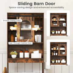 The sliding barn door mechanism on the cabinet with arrows showing the movement of the door