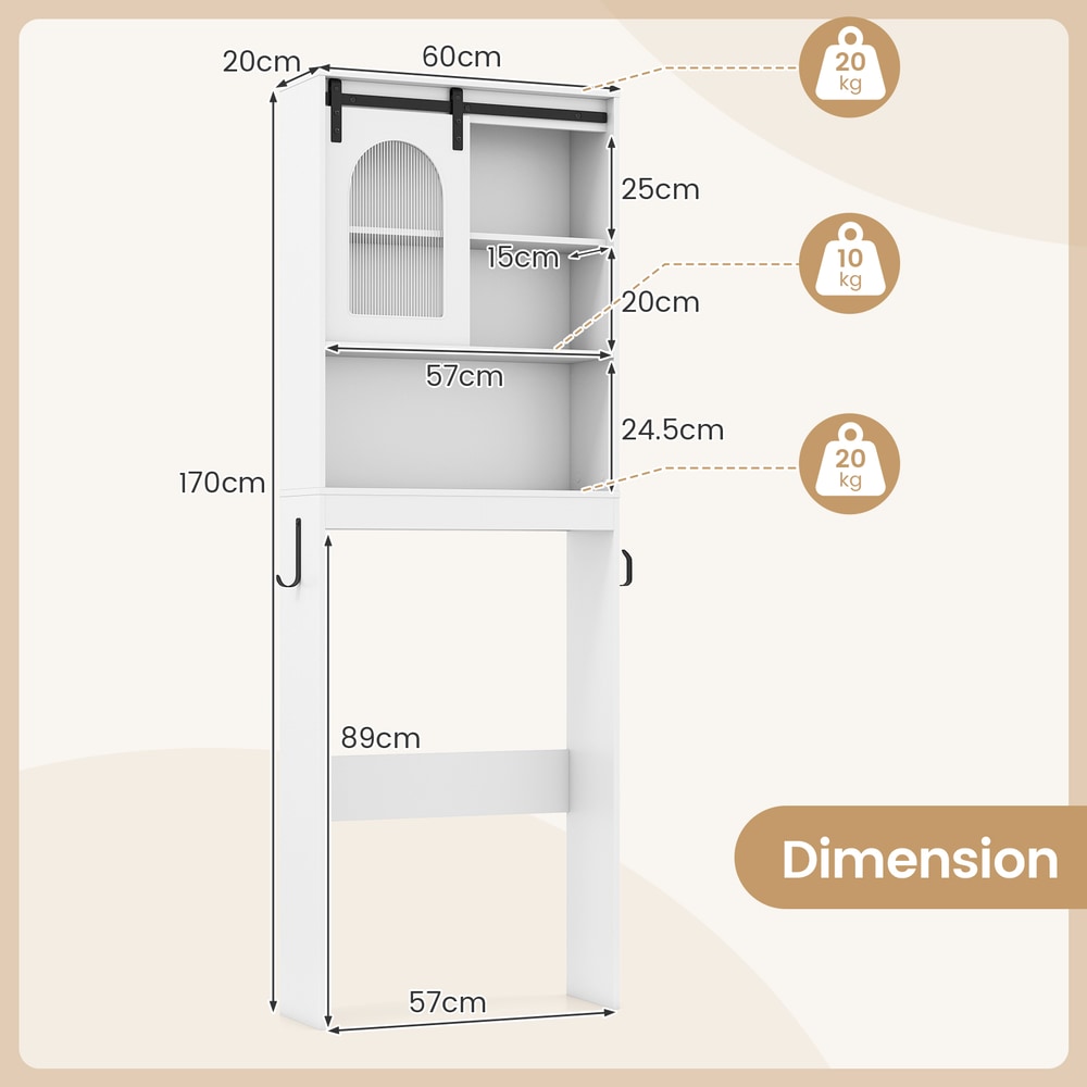 The over the toilet storage showing height and width measurements with weight capacity icons