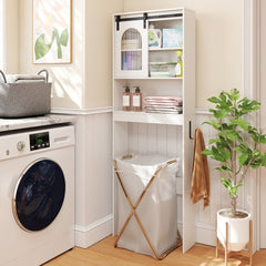 The storage unit placed in a laundry room with a laundry basket tucked underneath the shelf