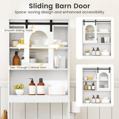 The cabinet highlighting the sliding barn door mechanism and the fluted glass door panel