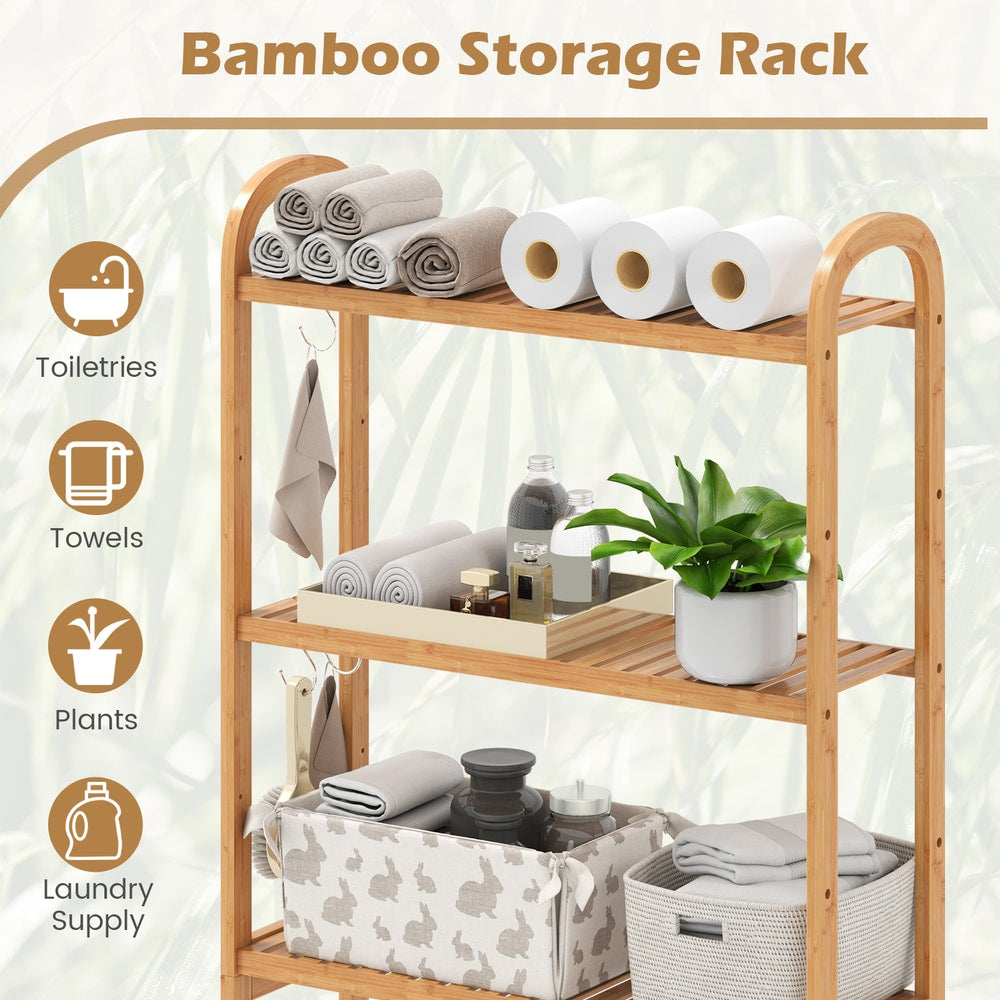 Bamboo storage rack with toiletries, towels, plants and laundry supply icons