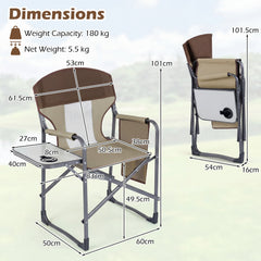 Oversized Padded Folding Camping Chair with Side Table-Brown